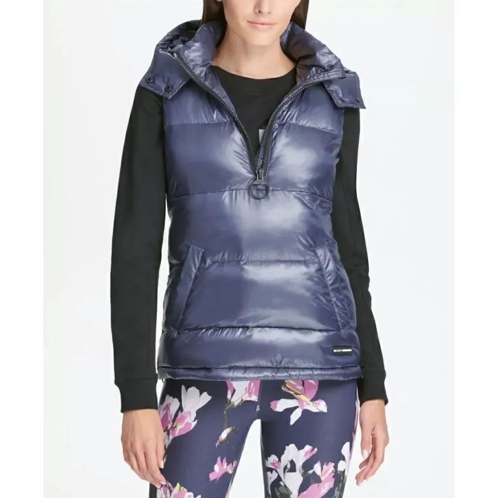 DKNY Sport Metallic Odyssey Blue Quarter-Zip Hooded Vest Women's Small NWT